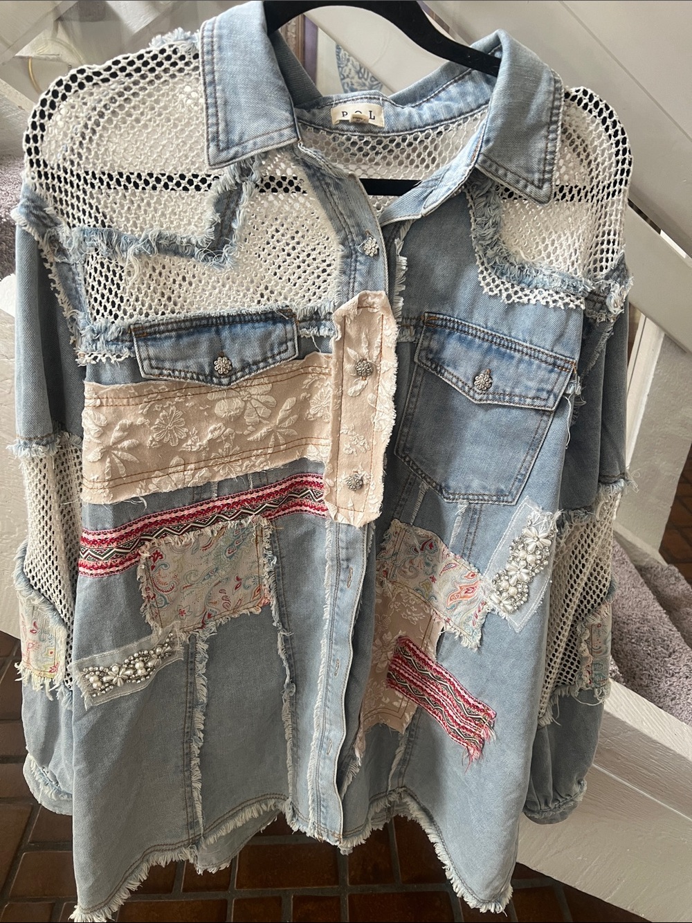 Fabulous POL Patchwork Light Blue long Denim Jacket